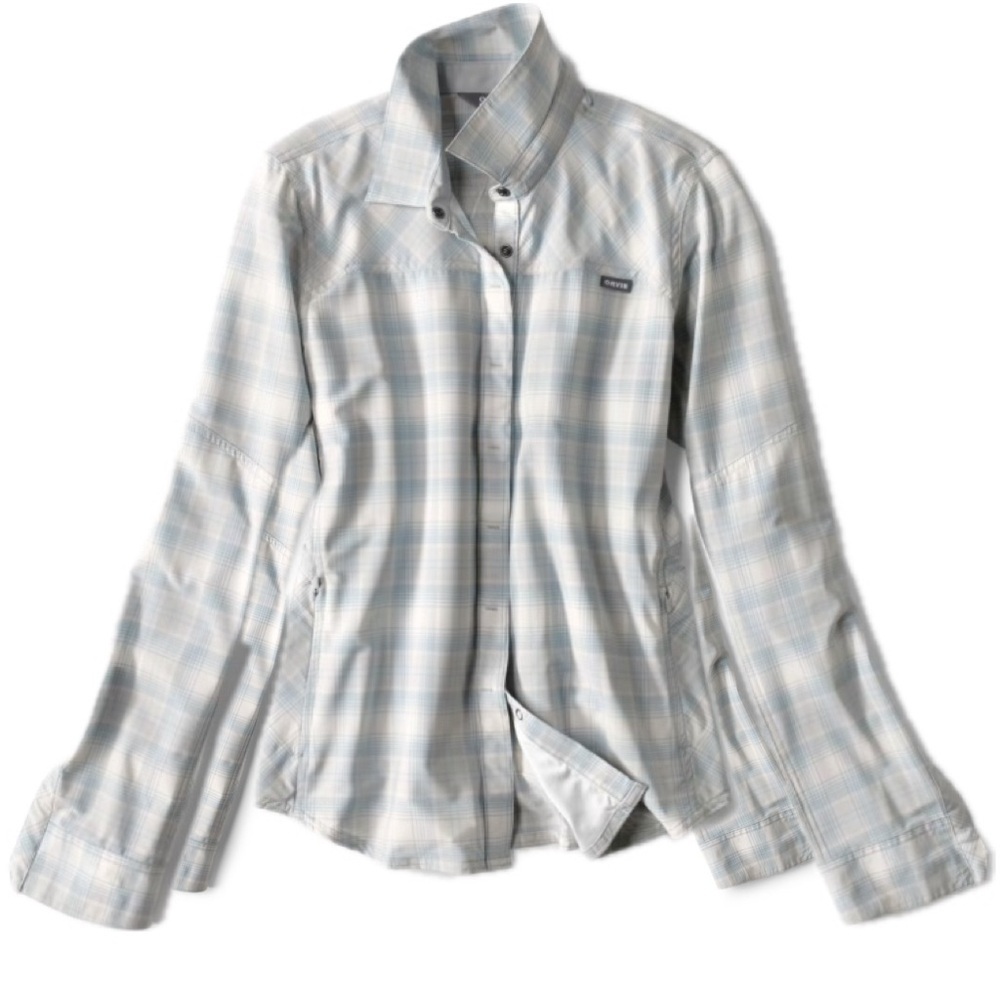 Orvis Pro Womens Blue Plaid Snap Down Shirt with Zippered Side Pockets Size L
